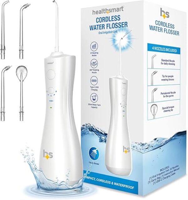 HealthSmart Compact Cordless Water Flosser, Rechargeable Type-C USB, Removes Food Particles, 4 Cleaning Nozzles, 6 Pulsating Modes (Pack of 30)