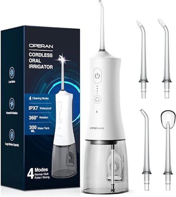 Operan Water Dental Flossers for Teeth Cleaning Upgraded 300ml Cordless Water Flossers Portable Rechargeable Oral Irrigator with 4 Modes 4 Jet Tips IPX7 Waterproof Flosser for Home (Pearly White)