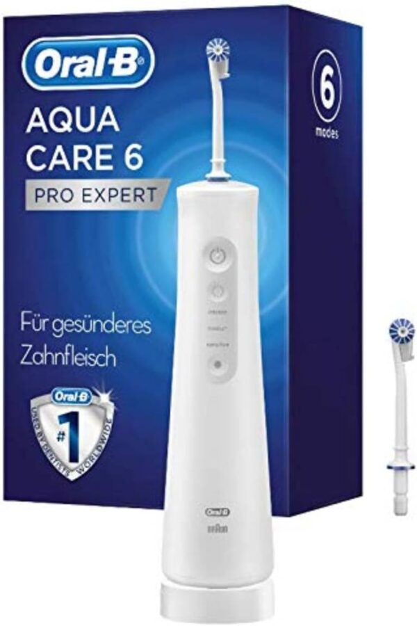 Oral-B AquaCare 6 Pro-Expert Oral irrigator, 2 Replacement nozzles, interdental Cleaner with 6 Brushing Modes for Gentle Dental Care and Healthy Gums, Designed by Brown, White/Grey