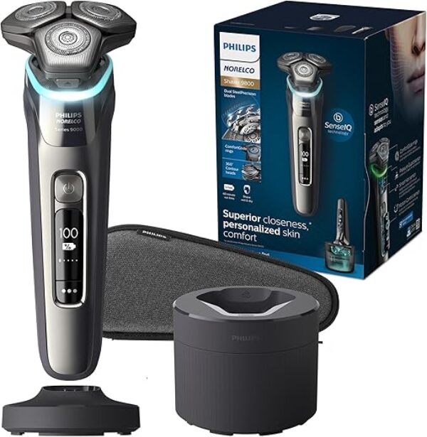 Philips Norelco Shaver Series 9000, Wet and Dry Electric Shaver, with Lift & Cut Shaving System and SenseIQ Technology, Pop-up Trimmer, Cleaning Pod, Charging Stand and Travel Case, Model S9987/85