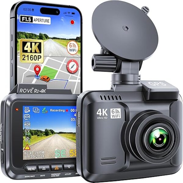 ROVE R2-4K Dash Cam Built-in WiFi GPS Car Dashboard Camera Recorder with UHD 2160P, 2.4" IPS Screen, 150° Wide Angle, WDR, Night Vision