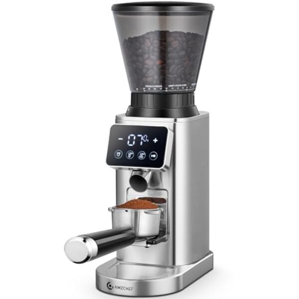 AMZCHEF Coffee Grinder, Coffee Bean Grinder for Home Use with Precise Grinding, LED Control Panel, Detachable Funnel Stand, Anti-static Design, 24 Grind Settings, Silver