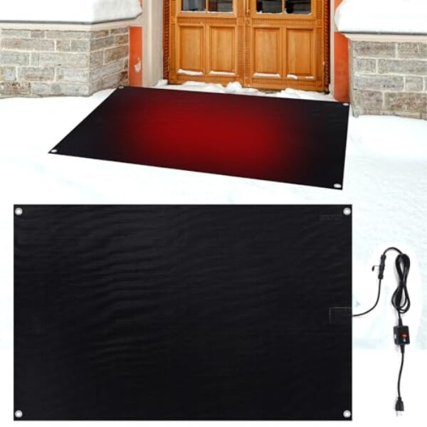 Baquler 30 x 47 Inches Heated Snow Melting Mats for Entrances Roof Heated Outdoor Mats for Winter Black Heated Snow Melt Mats Non Slip Rubber Heating Entrance Mats with Plug Power Cord for Outdoor Use