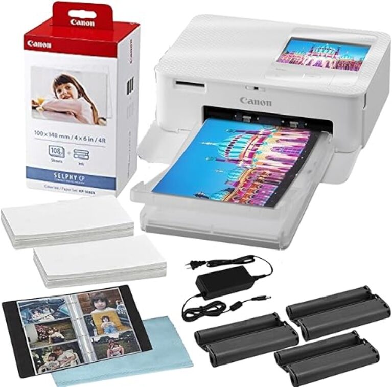 BluebirdSales Selphy CP1500 Wireless Compact Photo Printer with 1-Pack KP-108IN Color Ink Paper Set (108 Sheets of 4x6 Paper + 3 Ink Cartridges) Deluxe Photo Album + Cleaning Cloth (White)