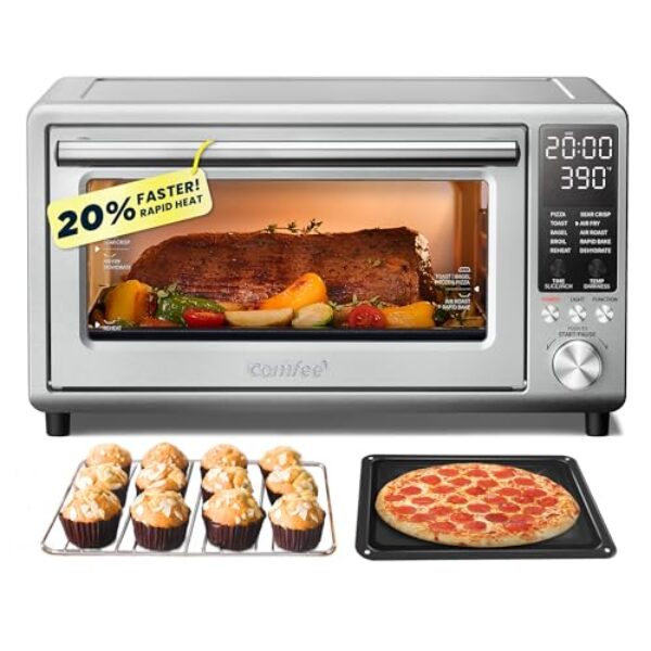 COMFEE' Toaster Oven Air Fryer FLASHWAVE™ Ultra-Rapid Heat Technology, Convection Toaster Oven Countertop with Bake Broil Roast, 6 Slices Fits 12’’ Pizza 24QT, 4 Accessories 1750W Stainless Steel