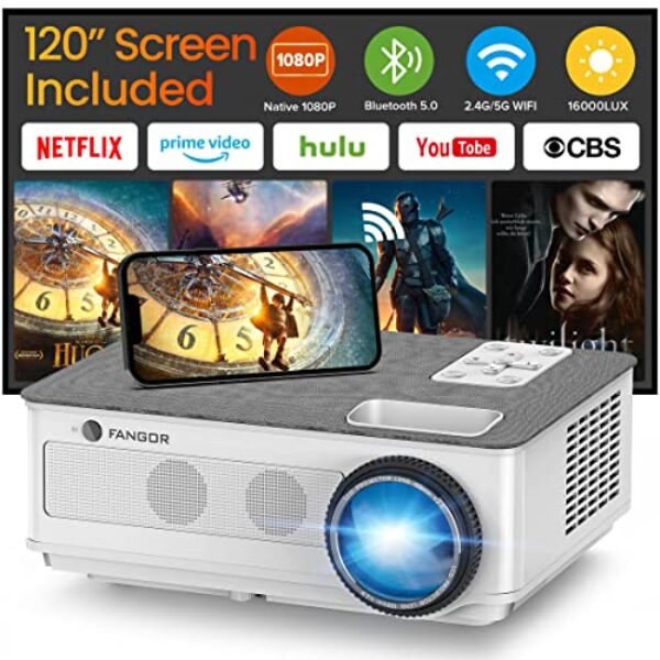 FANGOR 5G WiFi Bluetooth Projector 1080P Native, 16000L 450ANSI Outdoor Projectors [Projector Screen Included],300" Display 4K Support Home Movie Proyector Compatible w/ iOS/ Android/XBox/PS4/TV Stick