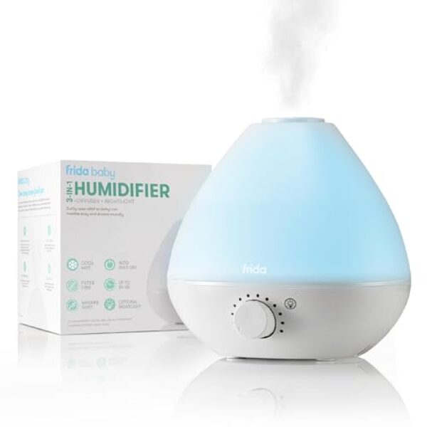 Frida Baby 3-in-1 Cool Mist Humidifier for Baby with Diffuser + Nightlight, Baby Humidifier for Bedroom, Nursery + Large Rooms, Quiet, Auto Shut Off, Runs +24hrs