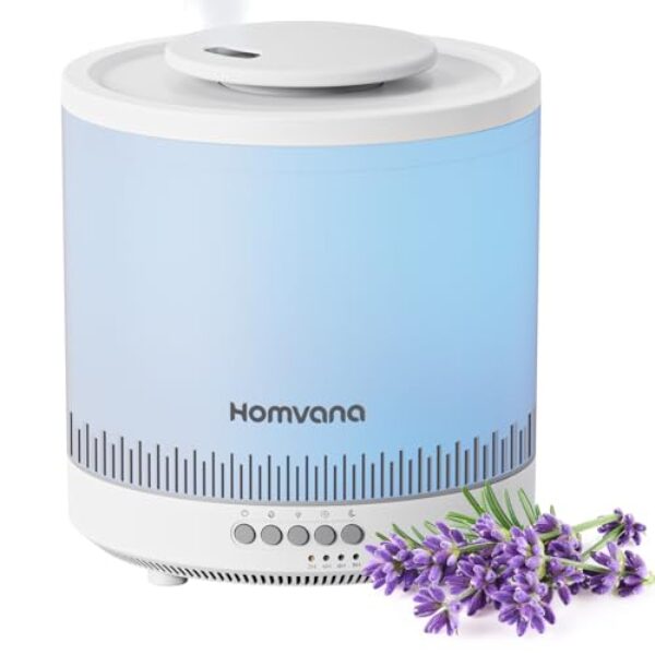 Homvana Small Humidifiers for Bedroom, 1.8L Cool Mist Top Fill Humidifier for Baby Nursery, Essential Oil Diffuser, 3 in 1 for Home Plants Offices and Grow Tents, 7 Color Nightstand Light, Ultrasonic