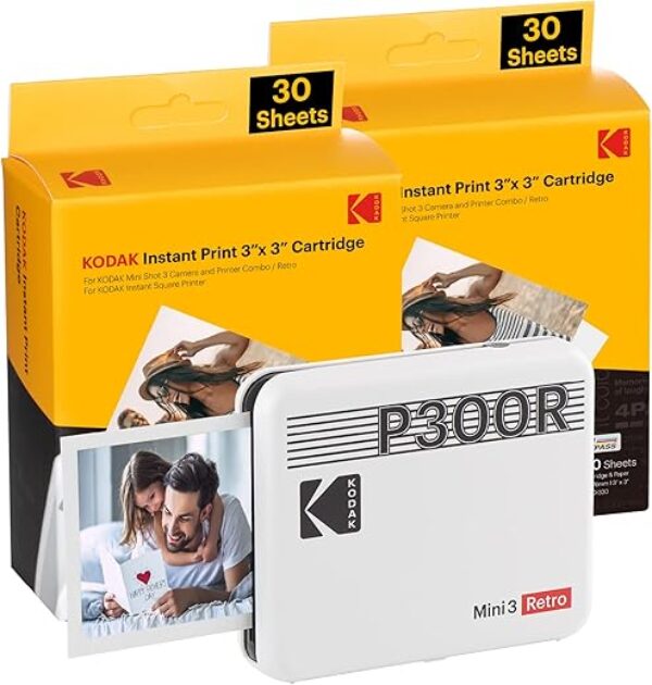 KODAK Mini 3 Retro 4PASS Portable Photo Printer (3x3 inches) Initial 8 Sheets + 60 Sheets Bundle, White