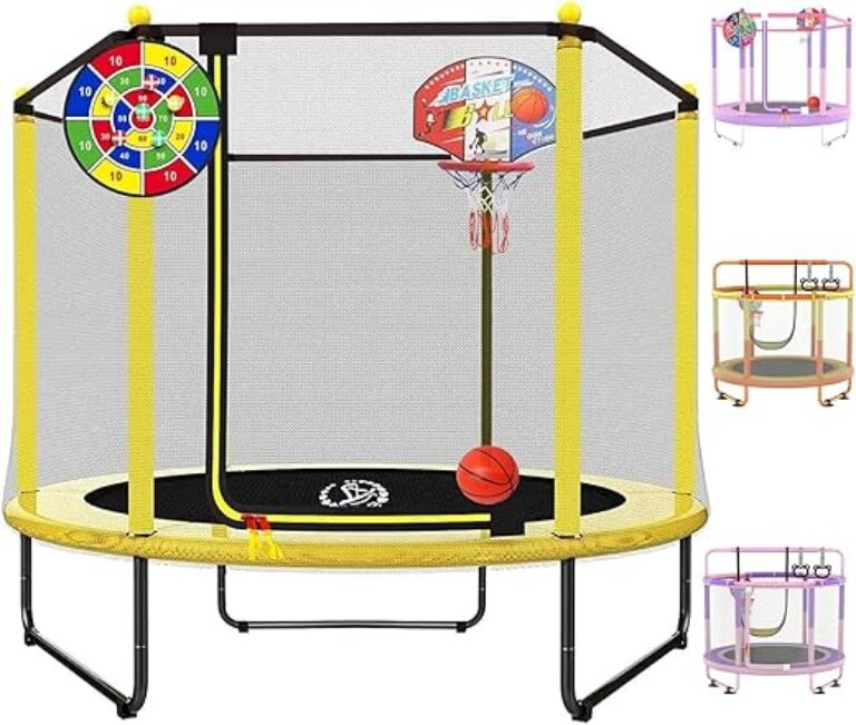 LANGXUN 60" Trampoline for Kids, 5ft Mini Toddler Indoor & Outdoor Trampoline with Net, Basketball Hoop & Dart Board, Birthday Gifts for Boys & Girls, Baby Toddler Christmas Toys