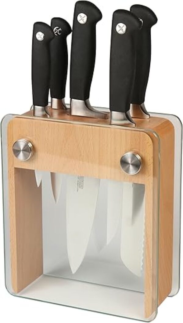 Mercer Culinary M20050 Genesis 6-Piece Wood/Glass Knife Block Set, 15" x 4" x 10", Black/Steel