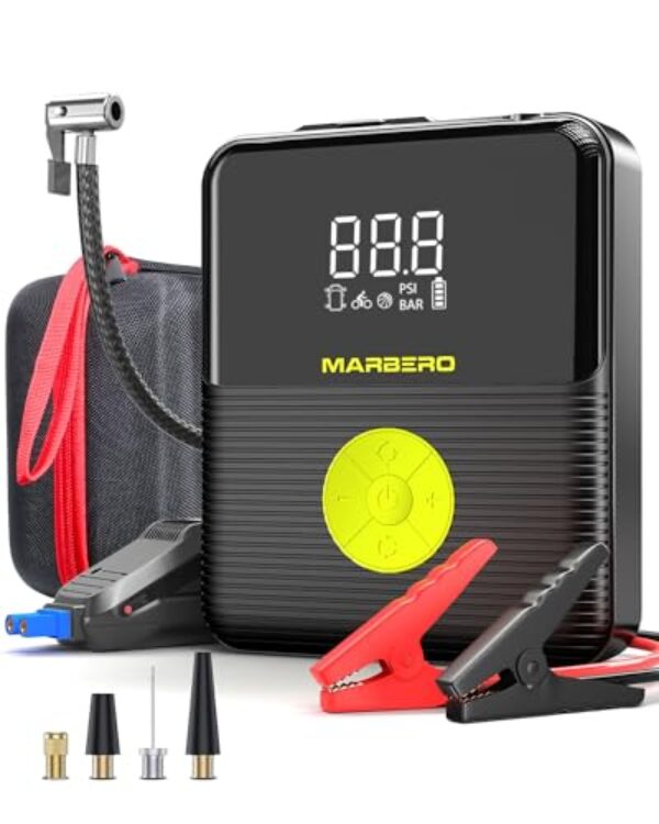 Portable Car Jump Starter with Air Compressor 3500A MARBERO 12V Portable Car Battery Booster Pack 8.0 Gas/7.0L Diesel 150PSI Digital Tire Inflator Jump Box with Digital Screen, Flashlights, Power Bank