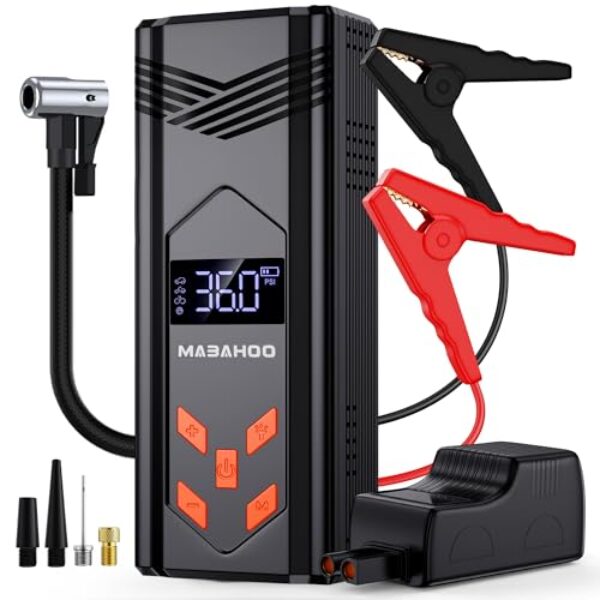 Portable Jump Starter with Air Compressor, 2000A Car Battery Jumper Starter Battery Pack, Jump Box for Car with 150PSI Auto Off Tire Inflator, 12V Car Battery Booster Pack with LCD Display, Light