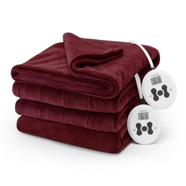 Sunbeam Electric Royal Luxe Microplush Heated Blanket 12 Heat Settings, 12-Hour Selectable Auto Shut-Off, Fast Heating, Warm and Cozy, Cabernet Red Color, Queen, 90" x 84"