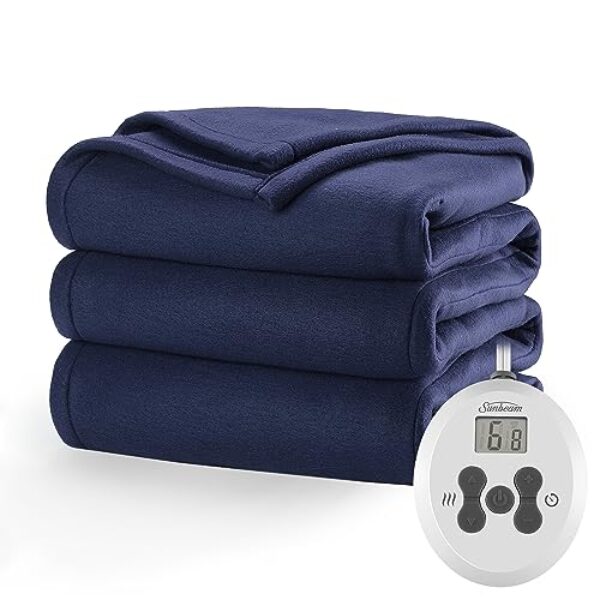 Sunbeam Royal Ultra Fleece Heated Electric Blanket Full Size, 84" x 72", 12 Heat Settings, 12-Hour Selectable Auto Shut-Off, Fast Heating, Machine Washable, Warm and Cozy, Admiral Blue