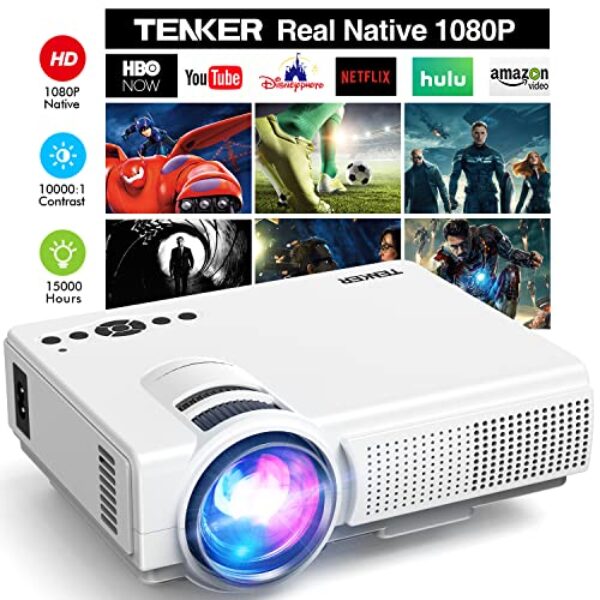 TENKER Native 1080P Projector, 7500L High Brightness Full HD Outdoor Movie Projector, 200" Giant Screen LCD Video Projector, Portable Mini Projector for Cartoon, Compatible w/Laptop/PC/DVD/TV