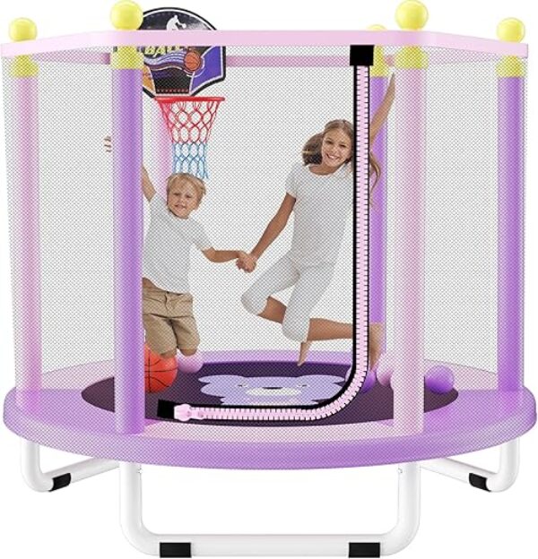 Trampoline for Kids, 5FT Toddler Trampoline with Safety Enclosure Net, Outdoor/Indoor Kids Trampoline with Basketball Hoop, Mini Trampoline Toys, Birthday Gifts for Kids, Age 1-8