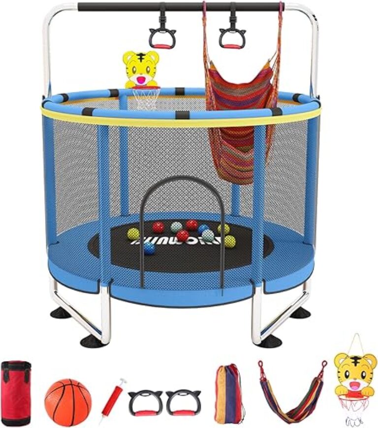 Trampoline for Kids, Adjustable Baby Toddler Trampoline with Basketball Hoop, 440lbs Indoor Outdoor Toddler Trampoline with Enclosure