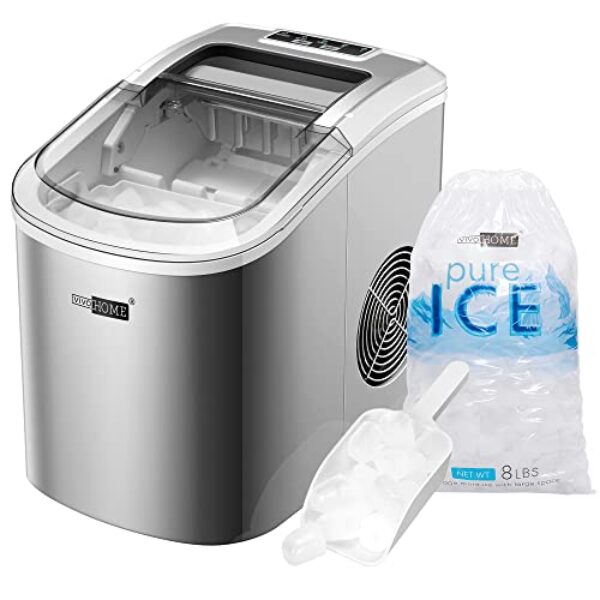 VIVOHOME Electric Portable Compact Countertop Automatic Ice Cube Maker Machine with Hand Scoop 10 Ice Bags and Self Cleaning Function 27lbs/Day Silver