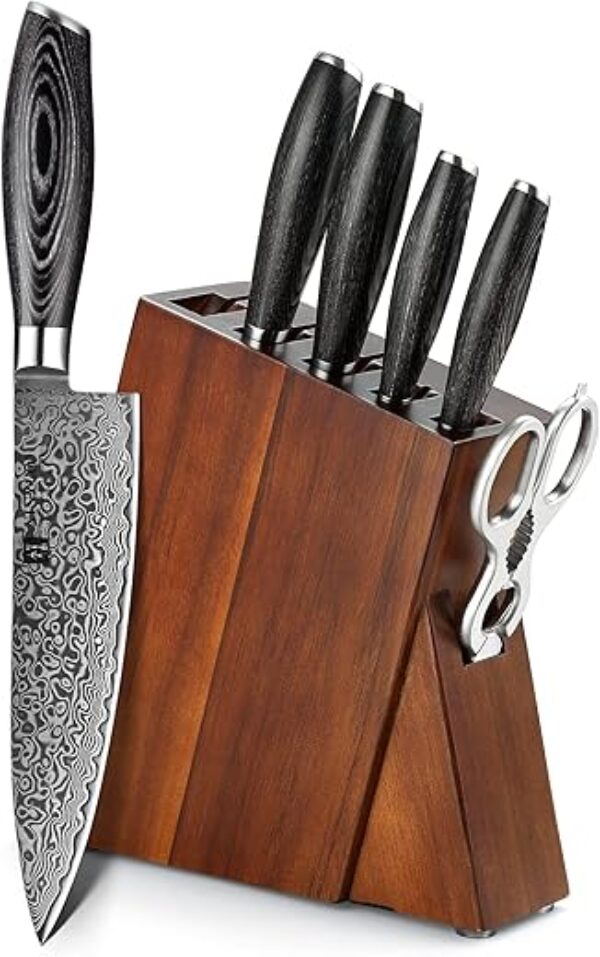 XINZUO 7PC Damascus steel Knife Block Sets, Professional High Carbon Steel Chef Knife Santoku Slicing Utility Fruit Knife with Multifunctional Kitchen Shears,Ergonomic Pakkawood Handle - Ya Series