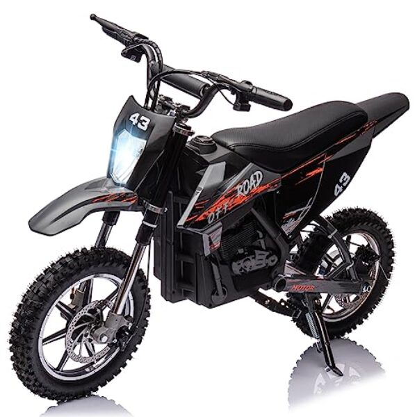 36V Kids Ride On Dirt Bike,15.5MPH Fast Speed Electric Battery-Powered Off-Road Motorcycle Max Load 175 Lbs,Led Light,Leather Seat,Disc Brake,Air-Filled Tires (Black, Brushless Motor)