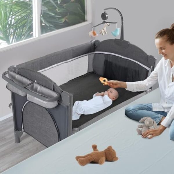 5 in 1 Baby Crib,Baby Bassinet, Bedside Cribs, Pack and Play with Bassinet and Changing Table, Portable Travel Baby Bassinet Toys & Music Box,Mattress for Girl Boy Infant Newborn (Grey)