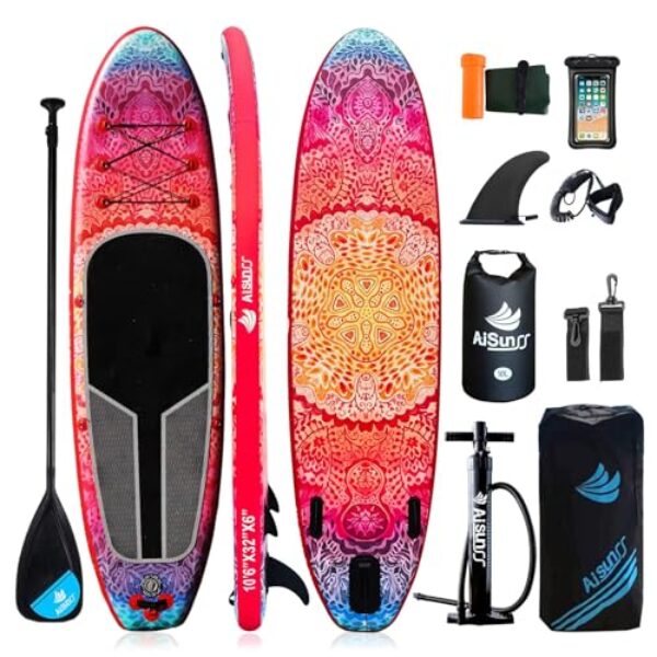 AISUNSS SUP Board 10.6Ft All Around Board Premium iSUP, Yoga Board with SUP Accessories Include Non-Slip mat, Waterproof Phone Bag, Double Action Pump, Adjustable Aluminum Paddle