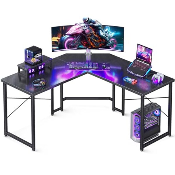 Casaottima L Shaped Gaming Desk with Monitor Stand, Corner Desk Gaming Table for Home Office, Computer Desk Sturdy Writing Workstation for Small Space, 51 inch, Carbon Fiber Surface, Black