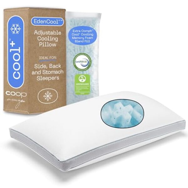 Coop Home Goods Eden Cool+ Adjustable Pillow, Queen Size Plus Shaped Memory Foam Pillows with Cooling Gel, Back, Stomach or Side Sleeper, Neck Support for Sleeping, CertiPUR-US/GREENGUARD Gold