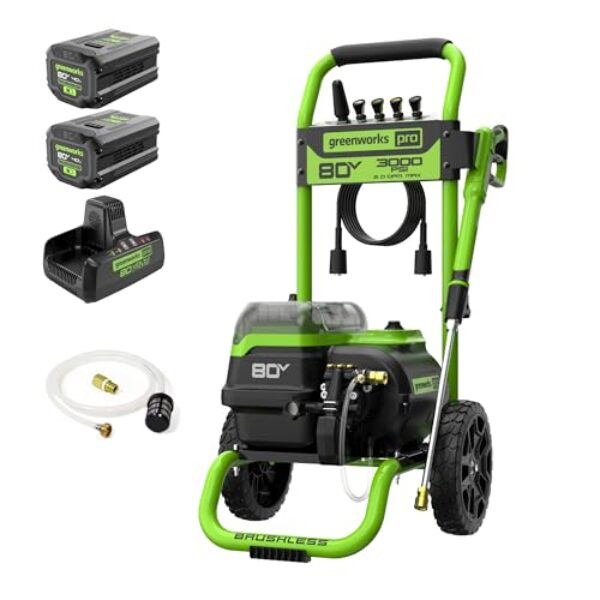 Greenworks 80V 3000 PSI Pressure Washer (2.0 GPM), (2) 4.0Ah Batteries and Dual Port Rapid Charger, Powerful Enough to Remove Pesky Dirt and Grime on Siding, Fences, Patios, Driveways, and Sidewalks