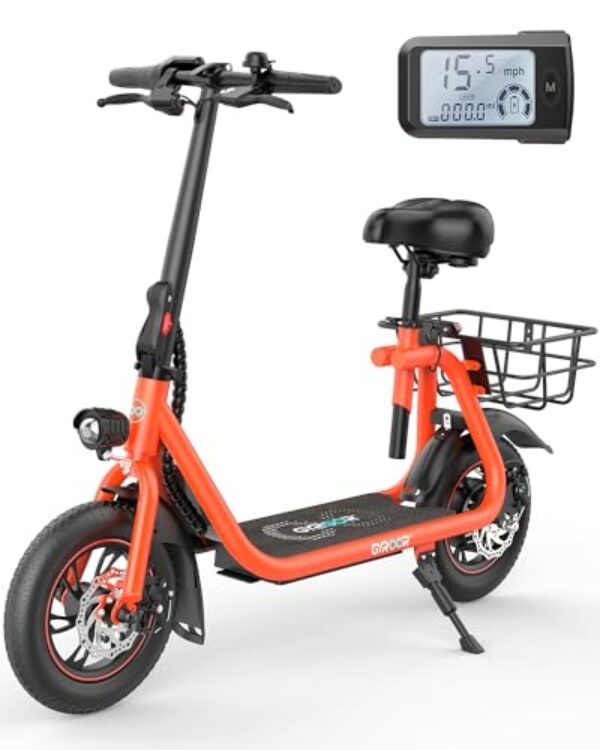 Gyroor Electric Scooter with Seat, 450W Powerful Motor up to 20 Miles Range, Foldable Scooter for Adult Max Speed 15.5Mph, Commuter Electric Scooter with Basket