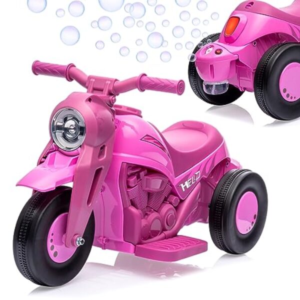 Kids Ride on Bubble Car, Hetoy 6V Battery Powered Electric Motorcycle 1.9 MPH Speed w/LED Headlights, Music, Pedal, Forward/Reserve, 3 Wheels Motorbike Toys Gift for Toddler 3 and Up Boys Girls, Pink