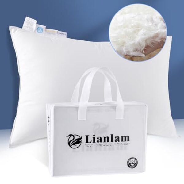 LIANLAM Luxury Canadian White Goose Down Pillow - 900+ Fill Power, Soft Down Pillow for Sleeping, Fluffy Queen Pillow for Neck Pain Relief, Hotel Bed Pillows for Side Sleeper (1 Pack, 20"x30")