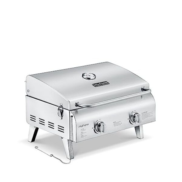 Lifemaster Portable Stainless Steel Gas Grill - 2 Burners Easy Clean Tabletop BBQ Propane Gas Grill with Foldable Legs and Wind Proof Lid for Camping and Outdoor - Silver