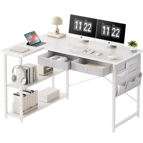 Maihail Small Desk with Drawers, 39" Corner Desk with Storage, Computer Desk with Shelves and Side Pouch, Study Table for Small Space with Storage, Corner L Shaped Desk for Home Office Bedroom, White