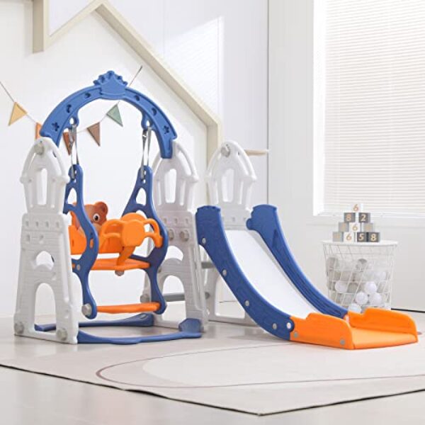 MERIT play Toddler Slide Kids Slide and Swing Set, 4 in 1 Baby Slide Climber Playset with Basketball Hoop and Safety Swing Set, Indoor Outdoor Backyard Baby Playground Toys for Toddlers Age 1-5, Blue