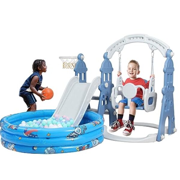 PHSSHOP 5-in-1 Toddler Slide Swing Set - The Ultimate Playground Adventure with a Ball Pit，Freestanding Baby&Kid Slide Indoor Playground/Swing Set Basketball Hoop（with 300 Colorful Balls）