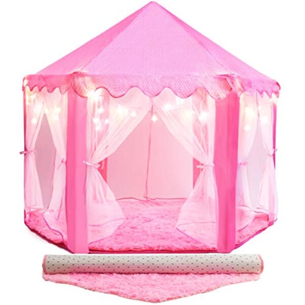 PLAYVIBE Princess Tent for Kids Tent 55"x53" – Princess Toys Kids Tent with Ultra Soft Rug & Star Led Lights – Princess Castle Kids Play Tent Indoor & Outdoor