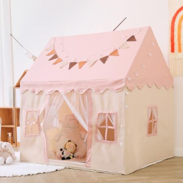 Princess Castle Play Tent for 3-4 Girls Play- 47"x 40"x52" Large Princess Indoor Playhouse with Star Lights, Cushion for Kid Toddler - Pink Tents for Baby Girl, for 3 Year Old Girl Castle