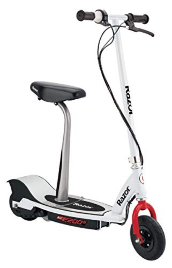 Razor E200S Electric Scooter Seated – Speedy 12 mph (19 kmh), Easy Switch Riding, Up to 40 Minutes Run Time, Ages 13+, White