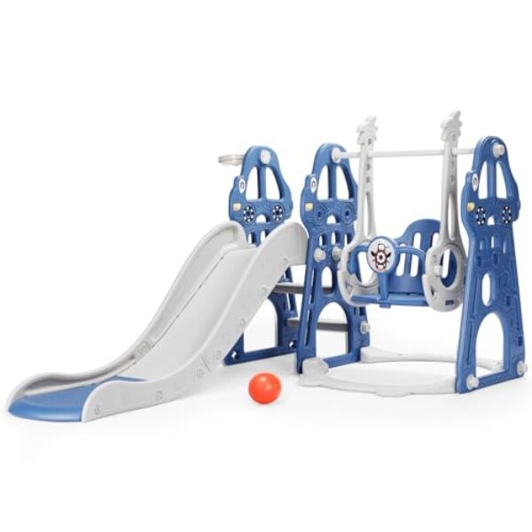 Rengue 4 in 1 Toddler Swing and Slide Set for Age 1-6 Indoor Playground for Children Baby Swing Set with Slide, Climber, Basketball Hoop and Long Slide for Boys and Girls Blue