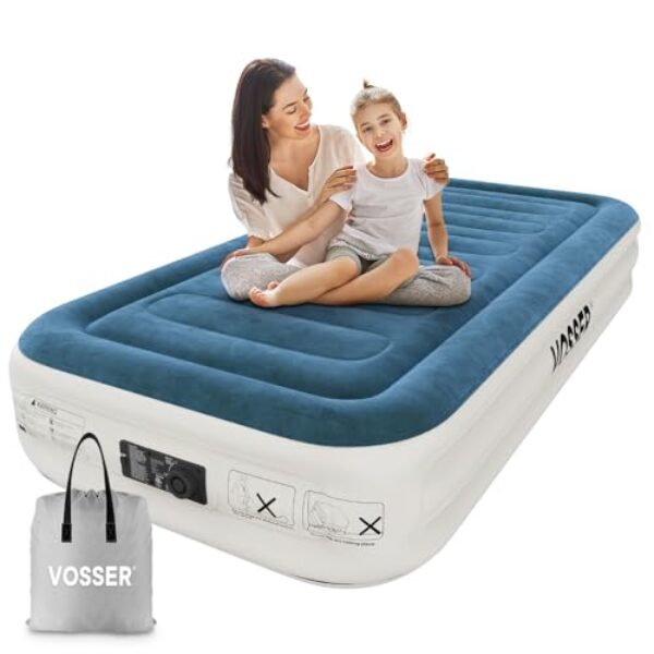 VOSSER Twin Air Mattress with Built-in Pump,Fast & Easy Inflation/Deflation Inflatable Mattress, Foldable Blow Up Mattress with Storage Bag, Inflatable Bed for Home, Camping & Guests