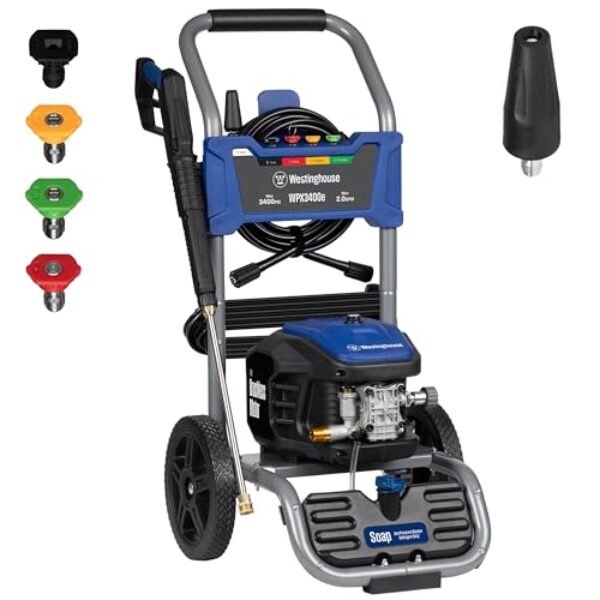 Westinghouse WPX3400e Electric Pressure Washer, 3400 Max PSI and 2.0 Max GPM, Brushless Motor, Onboard Soap Tank, Spray Gun and Wand, 5 Nozzle Set, for Cars/Fences/Driveways/Homes/Patios/Furniture