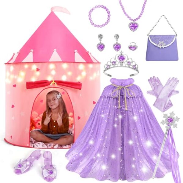 WTOR 15Pcs Princess Castle Play Tent Dress Up with LED Glow in The Dark Stars for Little Girls－Princess Dress Up Cape with Crown,Girl Play Tent/House Toy for Indoor & Outdoor Use (Purple)