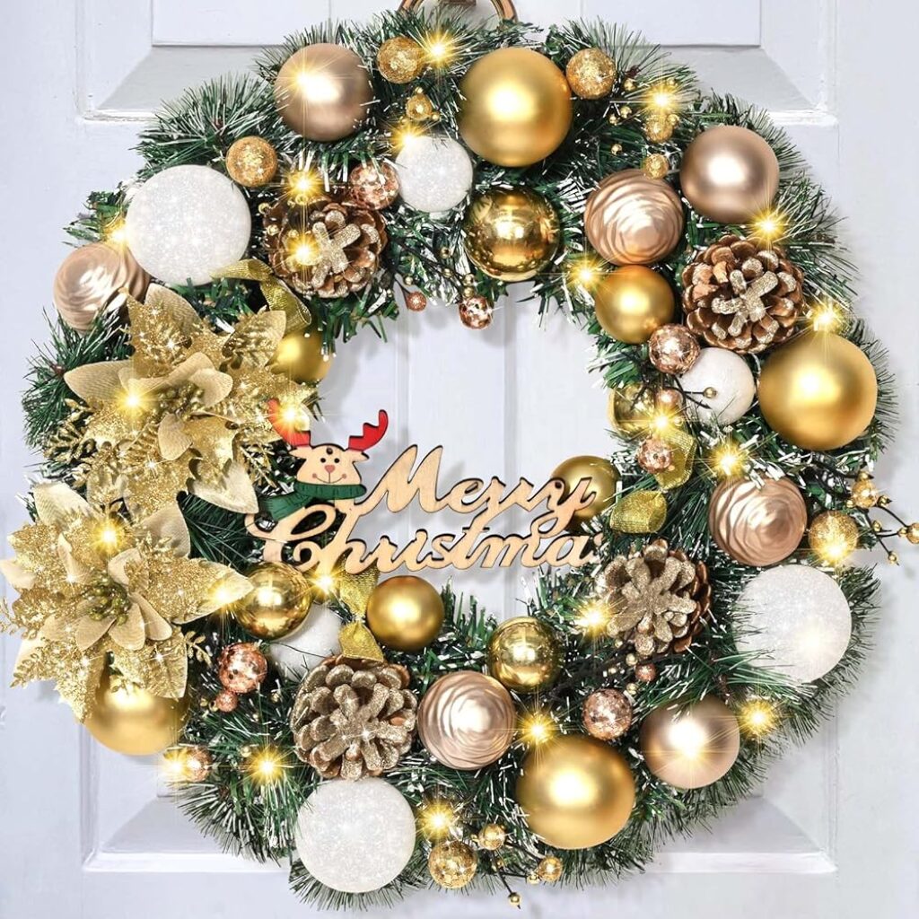 Christmas Decorations Christmas Wreath-Christmas Wreaths for Front Door, 16 Inch Christmas Door Wreath with Poinsettias Balls Pinecones, Christmas Wreaths for Indoor Outdoor...