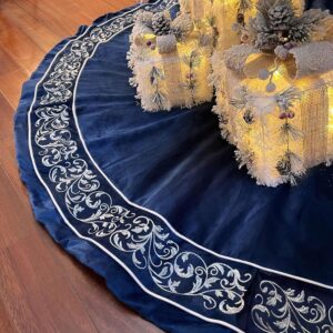 Christmas Tree Skirt 60 inch, Blue Luxury Velvet Plush Faux Fur Extra Large Skirts with Silver Embroidered Vintage Pattern, Classic Retro Christmas Tree Decorations Gifts