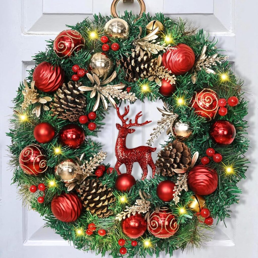 Christmas Wreath Decorations - 16'' Christmas Wreaths for Front Door with Red Christmas Reindeer Balls Berries Pine Cones Pine Needles Door Wreath for Home Wall Window Porch...