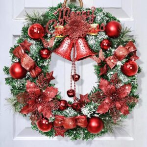 Christmas Wreath Decorations - 17" Christmas Wreaths for Front Door with Merry Christmas Sign, Christmas Door Wreath with Red Bowknot Bells Poinsettia Christmas Balls for Indoor...