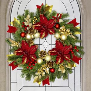 Christmas Wreath with Lights,24 inch Christmas Wreaths for Front Door,Christmas Door Wreath with Christmas Flowers and Ball,Pine Cones,Frosted Leaves,Ribbons and Berries for...