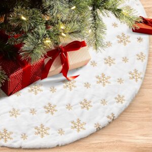 COOLWUFAN 48 Inches Christmas Tree Skirt for Xmas Tree Holiday Party Decoration White Plush Gold Sequin Snowflake (Gold)